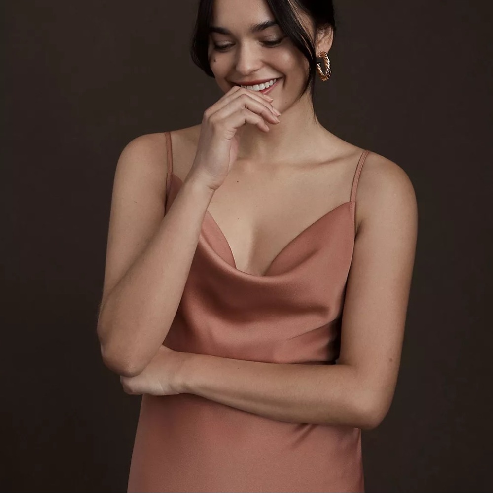 BHLDN Cali Satin Cowl-Neck Midi Slip Dress - Sedona